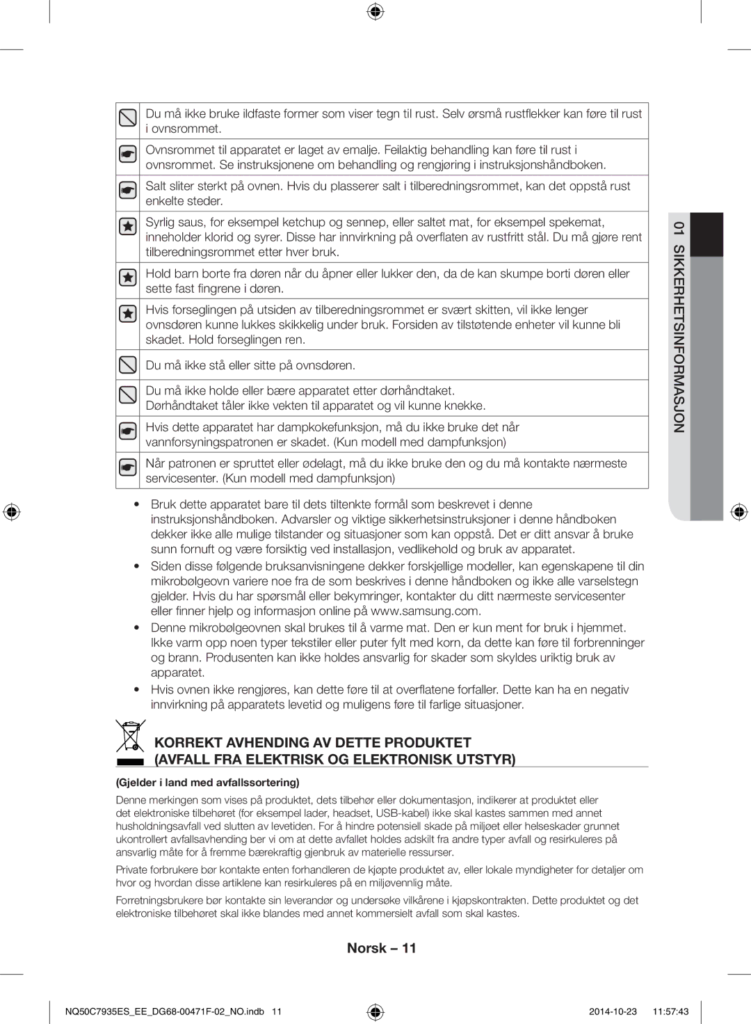 Samsung NQ50C7935ES/EE manual Gjelder i land med avfallssortering 