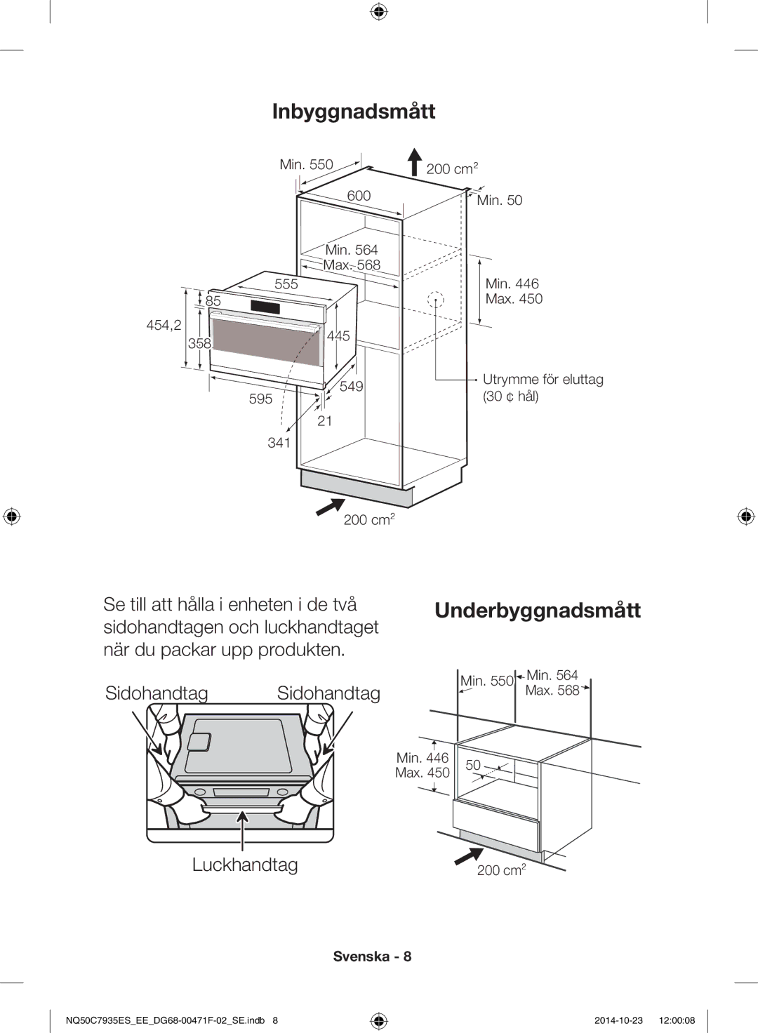 Samsung NQ50C7935ES/EE manual Luckhandtag, Min 200 cm² 600 454,2 Min Max 555, 445 