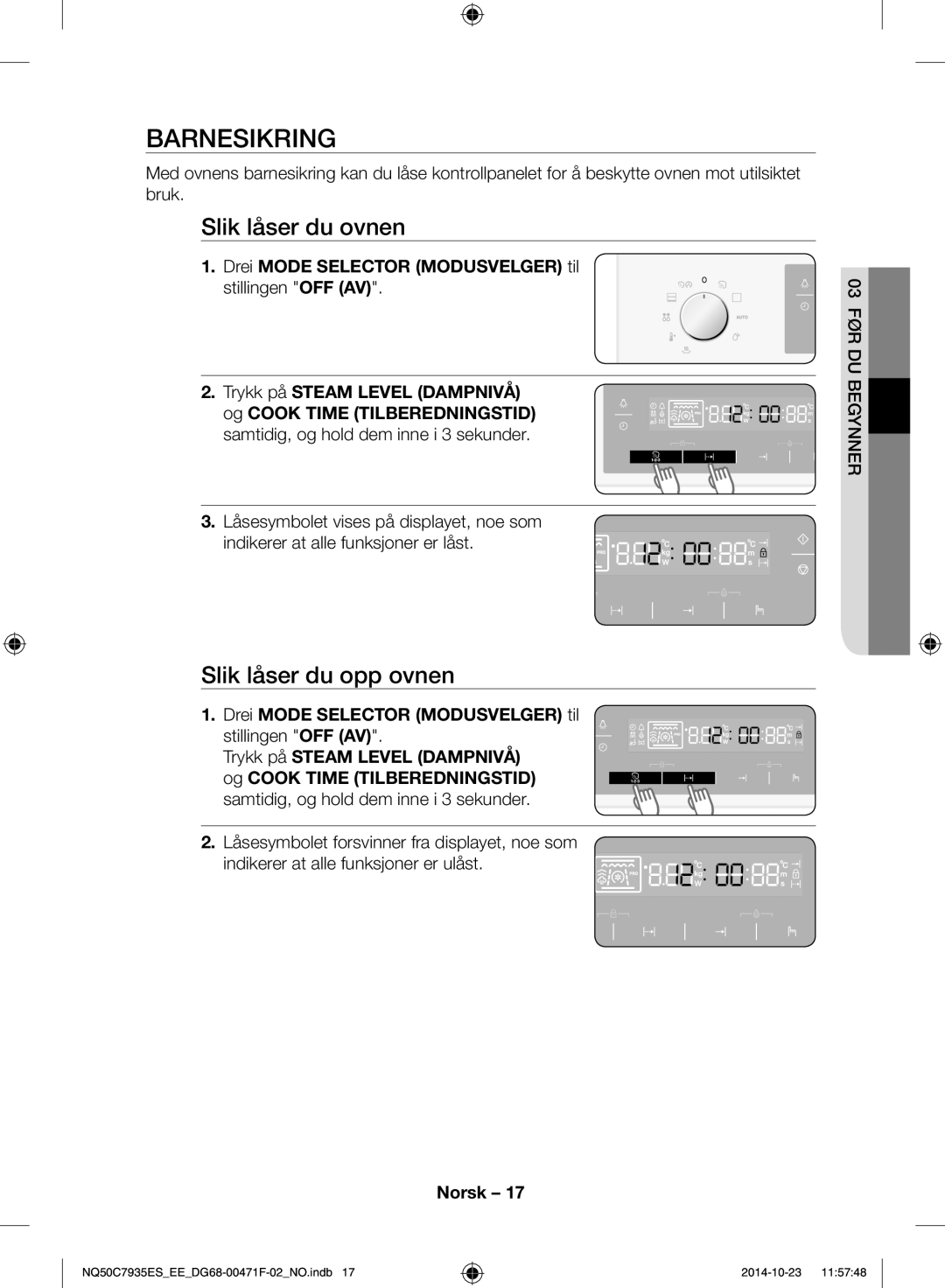 Samsung NQ50C7935ES/EE manual Barnesikring, Slik låser du ovnen, Slik låser du opp ovnen 