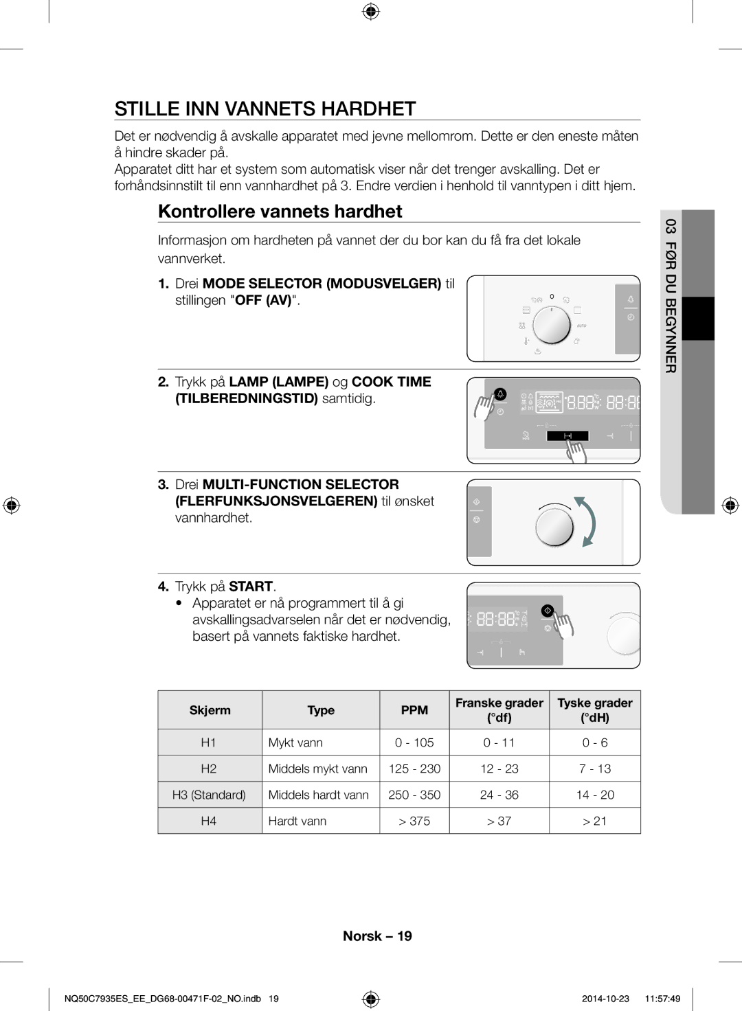 Samsung NQ50C7935ES/EE manual Stille inn vannets hardhet, Trykk på Start Apparatet er nå programmert til å gi, Skjerm Type 