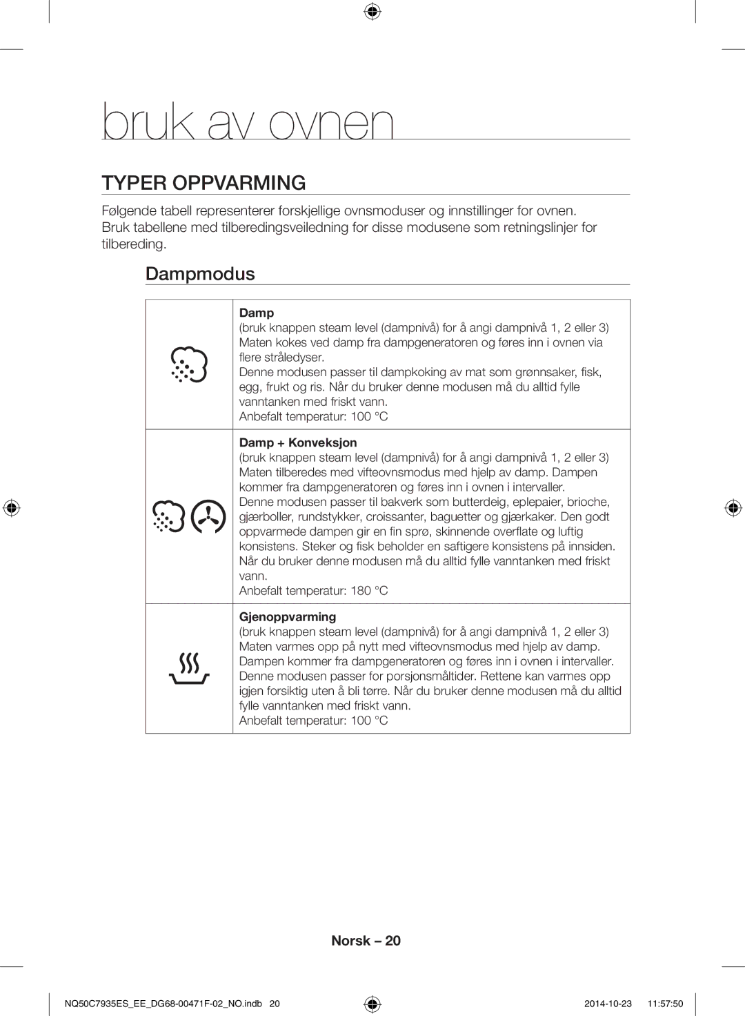 Samsung NQ50C7935ES/EE manual Bruk av ovnen, Typer oppvarming, Dampmodus 