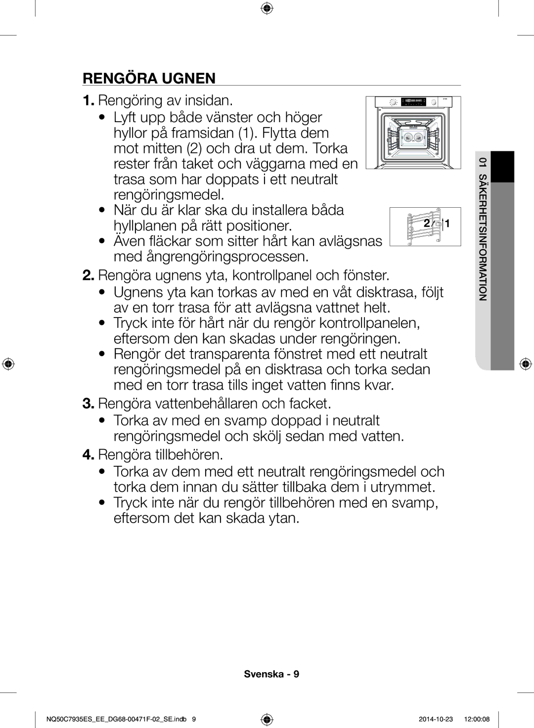 Samsung NQ50C7935ES/EE manual Rester från taket och väggarna med en, Ugnens yta kan torkas av med en våt disktrasa, följt 