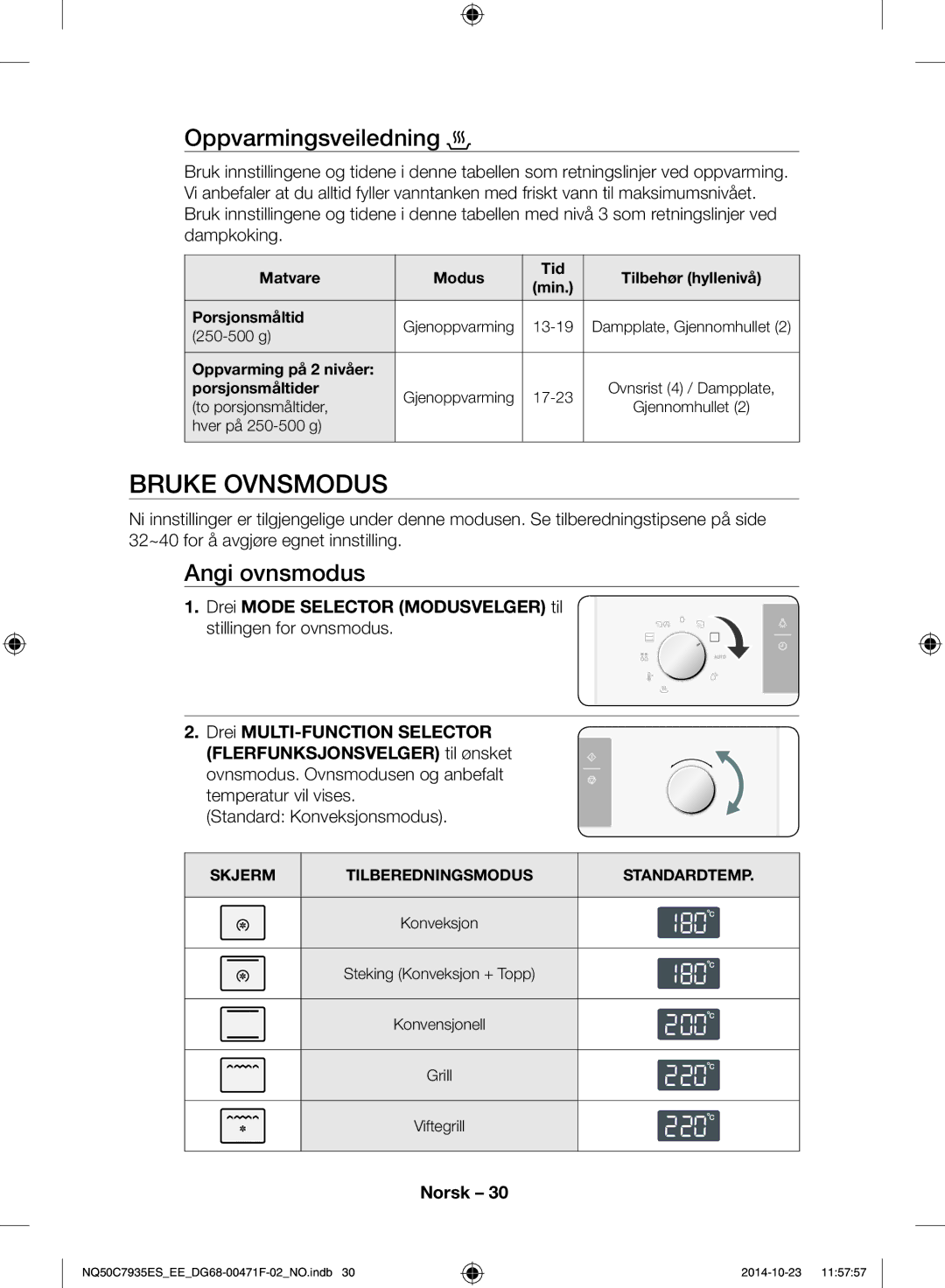 Samsung NQ50C7935ES/EE manual Bruke ovnsmodus, Oppvarmingsveiledning, Angi ovnsmodus, Standard Konveksjonsmodus 