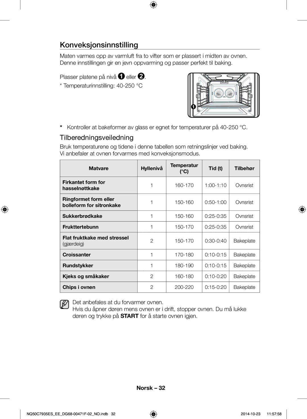 Samsung NQ50C7935ES/EE manual Konveksjonsinnstilling 