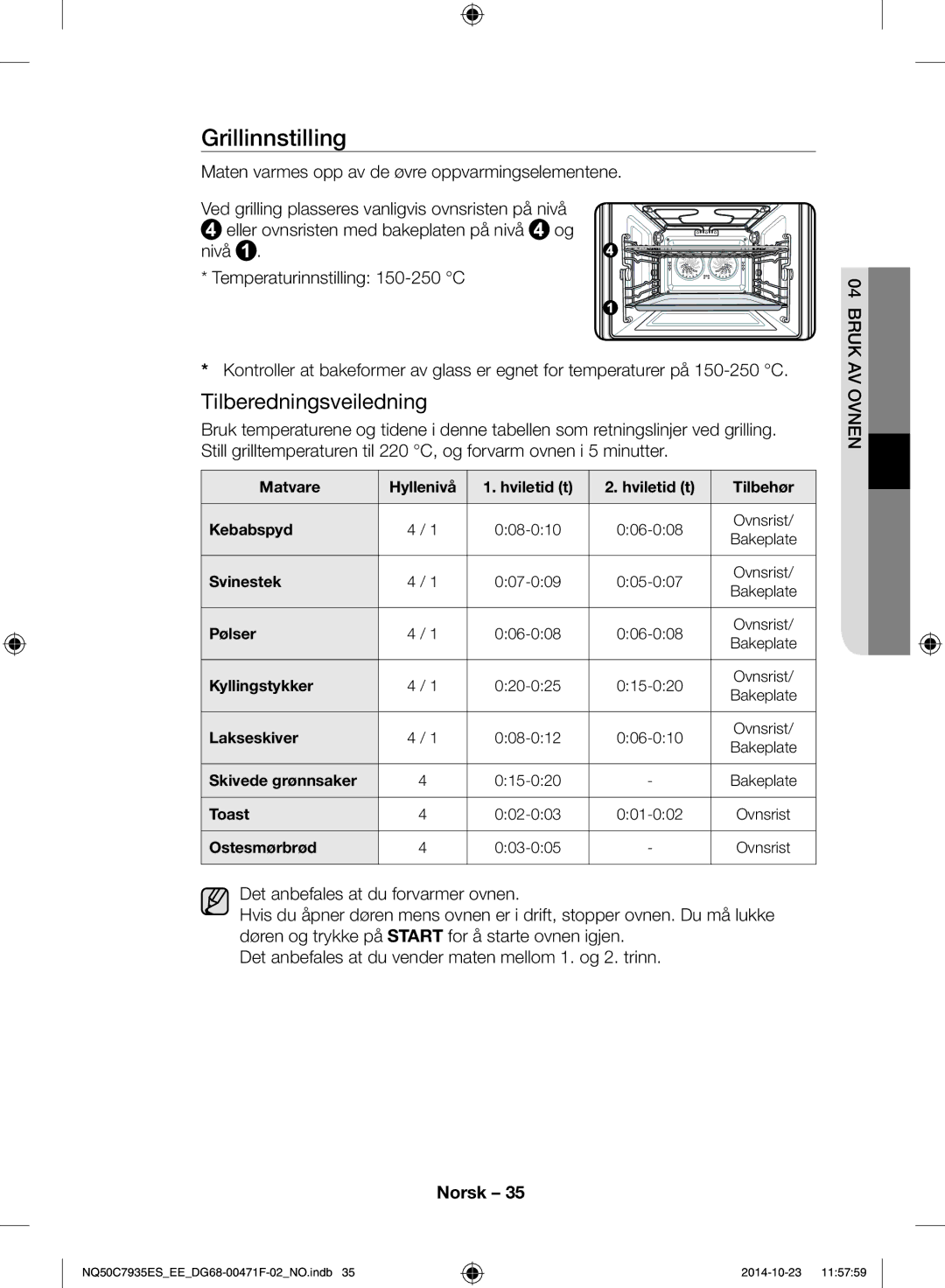 Samsung NQ50C7935ES/EE manual Grillinnstilling 