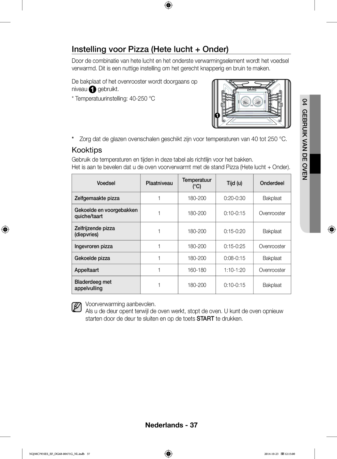 Samsung NQ50C7935ES/EF manual Instelling voor Pizza Hete lucht + Onder 