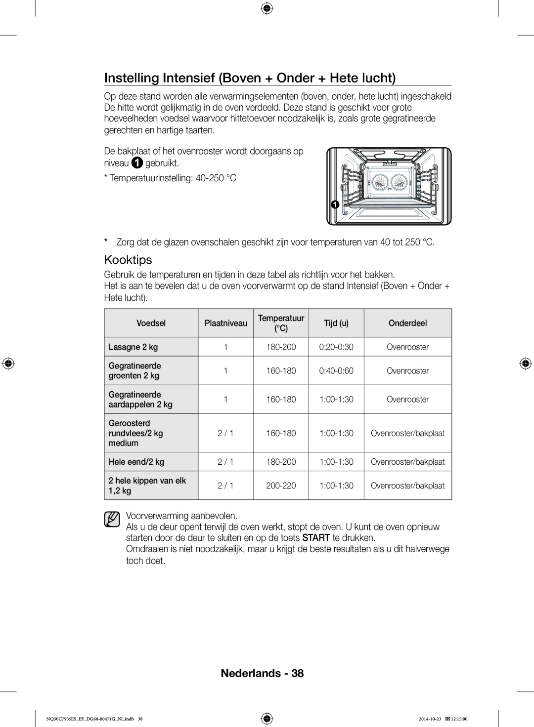 Samsung NQ50C7935ES/EF manual Instelling Intensief Boven + Onder + Hete lucht 