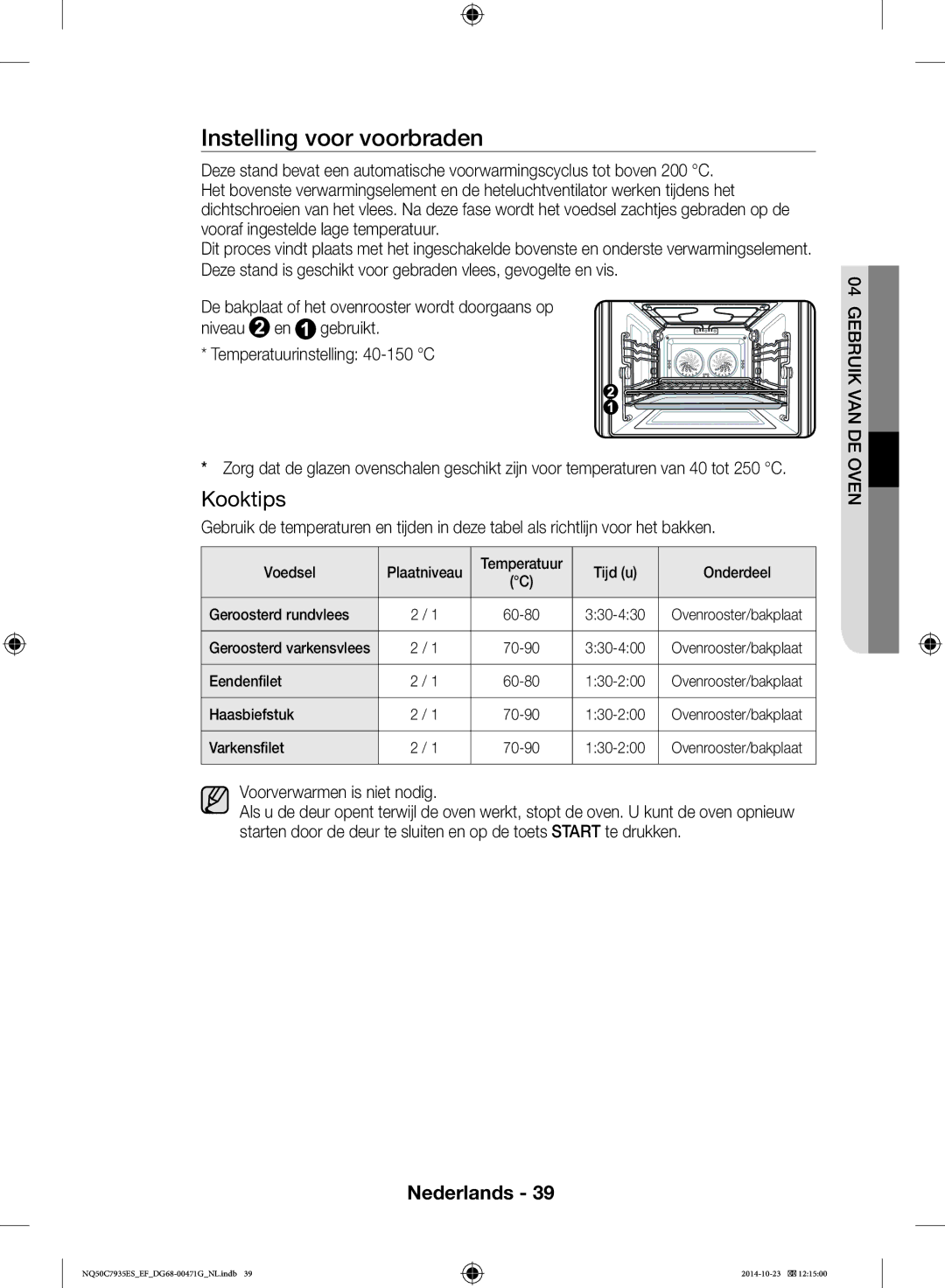 Samsung NQ50C7935ES/EF Instelling voor voorbraden, Voorverwarmen is niet nodig, Eendenfilet, Haasbiefstuk, Varkensfilet 