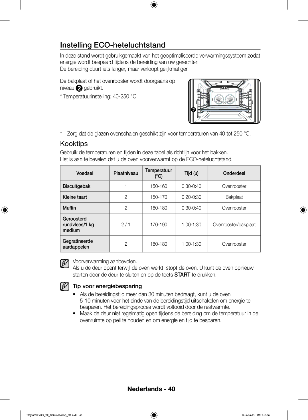 Samsung NQ50C7935ES/EF Instelling ECO-heteluchtstand, Kleine taart, Rundvlees/1 kg, Medium Gegratineerde, Aardappelen 