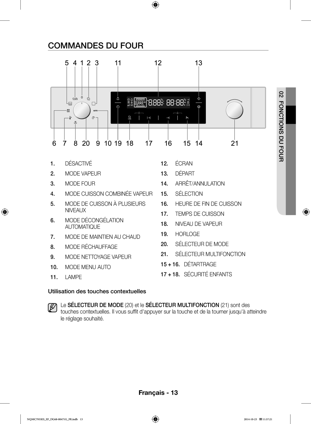 Samsung NQ50C7935ES/EF manual Commandes DU Four, Utilisation des touches contextuelles 