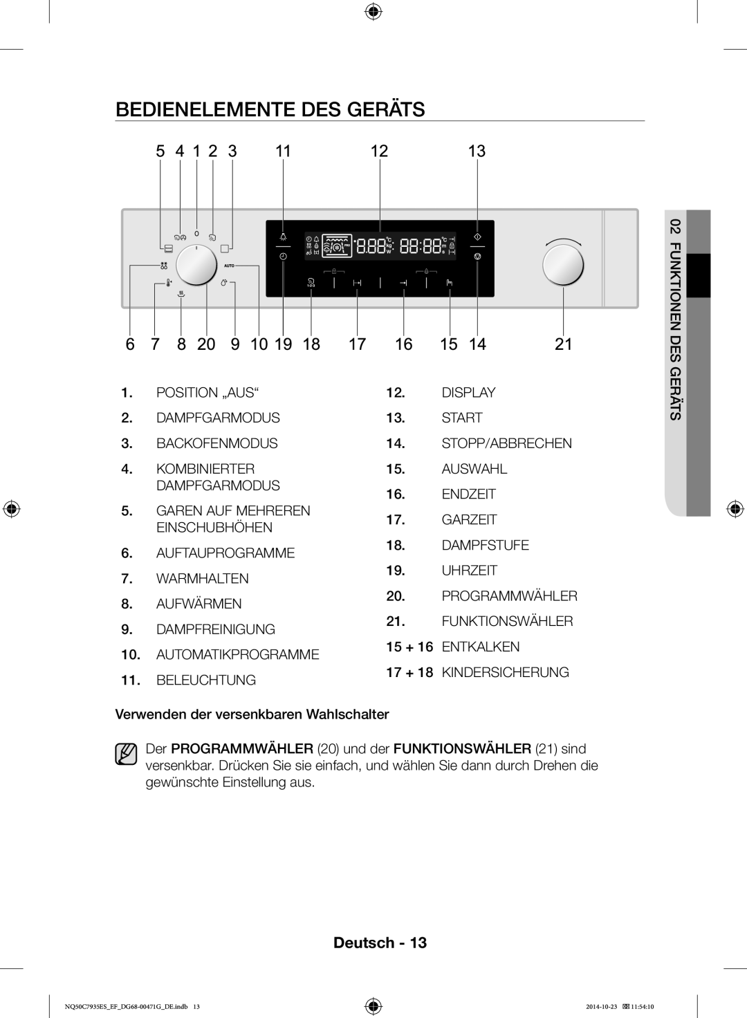 Samsung NQ50C7935ES/EF manual Bedienelemente DES Geräts 