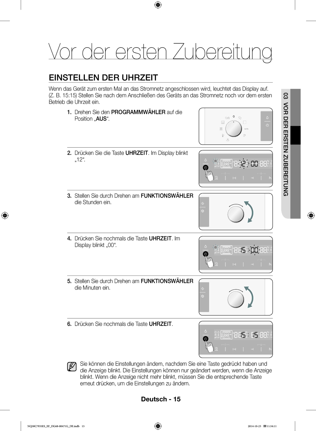 Samsung NQ50C7935ES/EF manual Vor der ersten Zubereitung, Einstellen DER Uhrzeit 