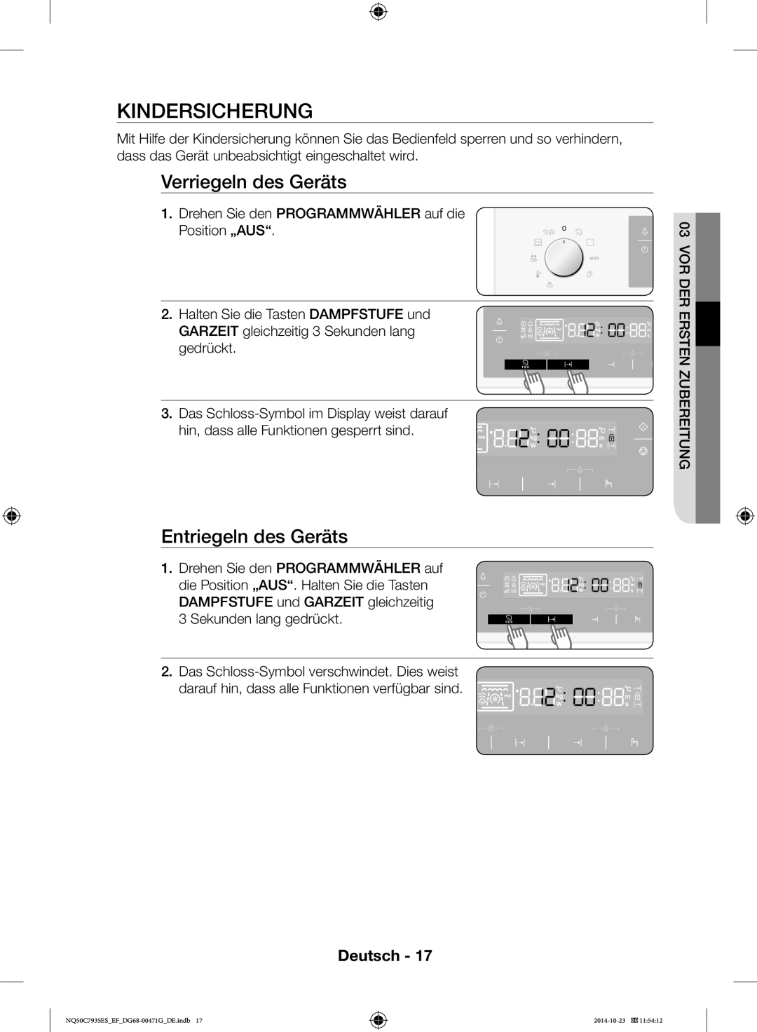 Samsung NQ50C7935ES/EF manual Kindersicherung, Verriegeln des Geräts, Entriegeln des Geräts 