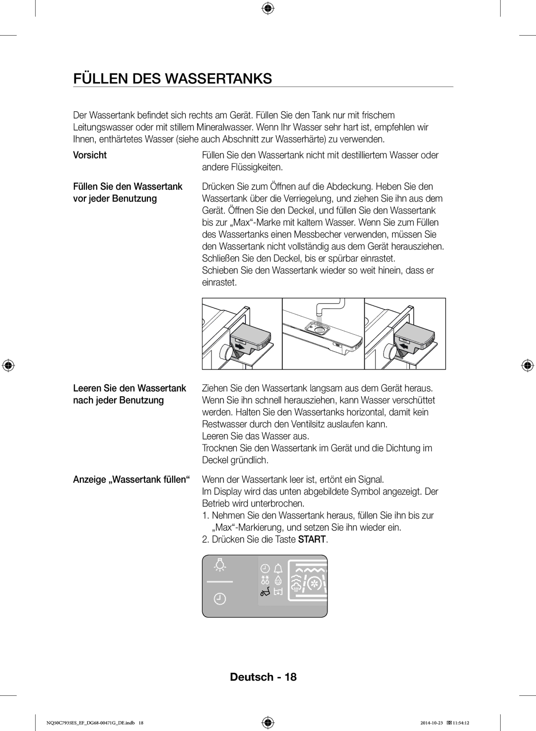 Samsung NQ50C7935ES/EF manual Füllen DES Wassertanks 