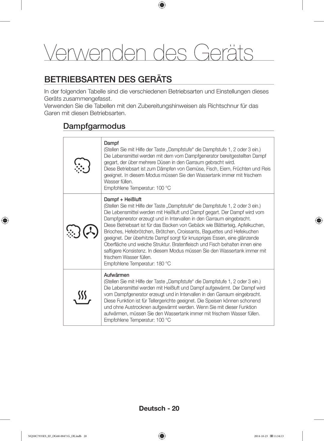 Samsung NQ50C7935ES/EF manual Verwenden des Geräts, Betriebsarten DES Geräts, Dampfgarmodus 