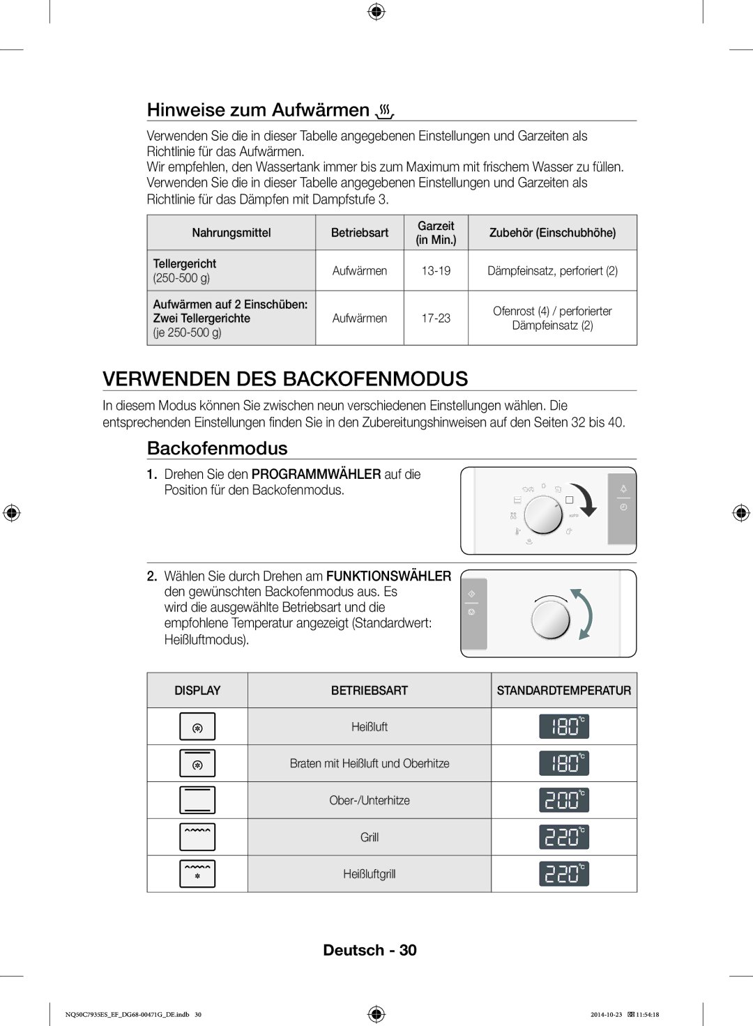 Samsung NQ50C7935ES/EF manual Verwenden DES Backofenmodus, Hinweise zum Aufwärmen 