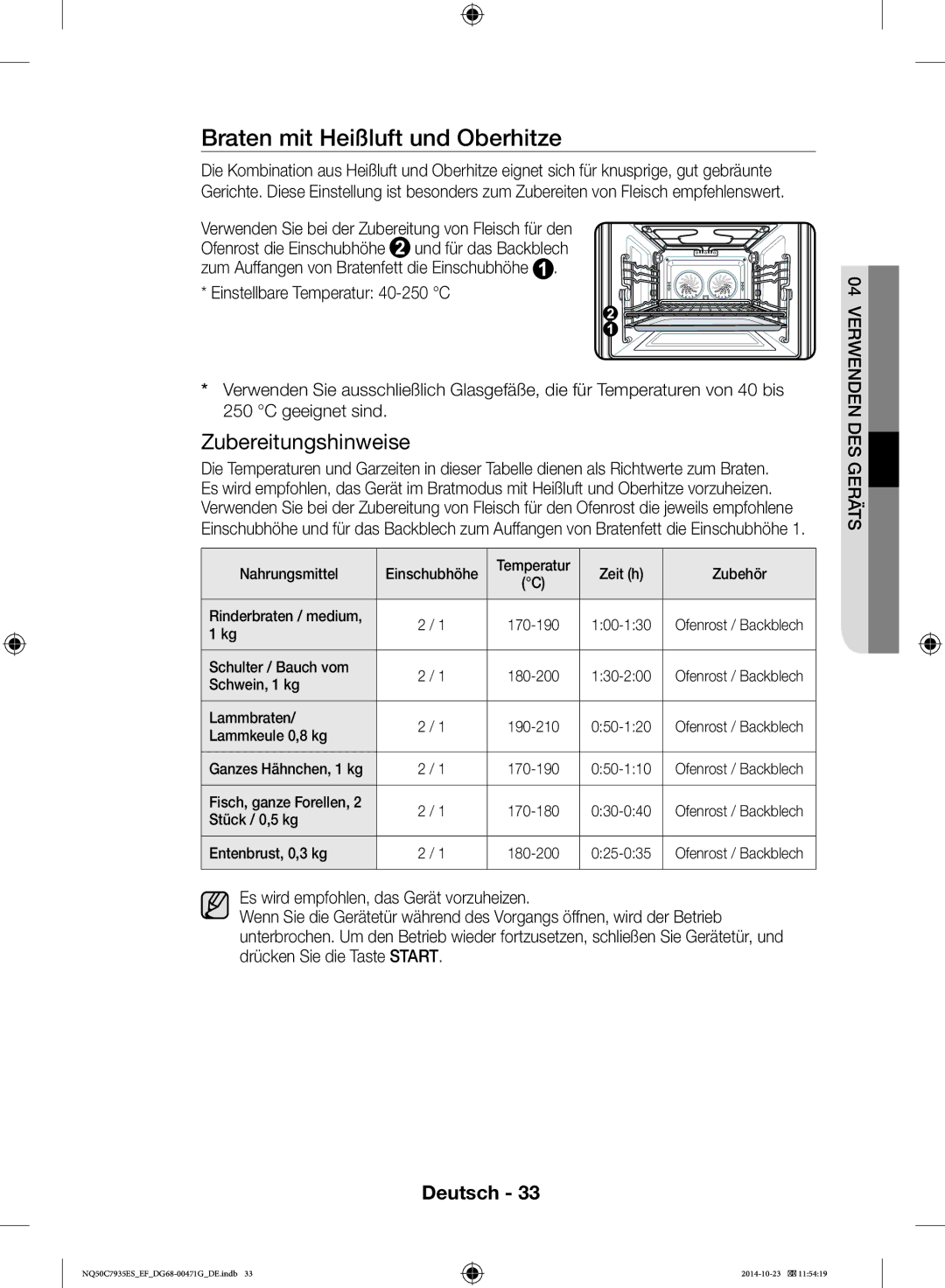 Samsung NQ50C7935ES/EF manual Braten mit Heißluft und Oberhitze 