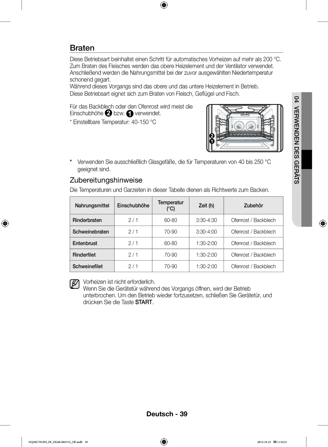 Samsung NQ50C7935ES/EF manual Braten, Schweinebraten, Entenbrust, Rinderfilet, Schweinefilet 