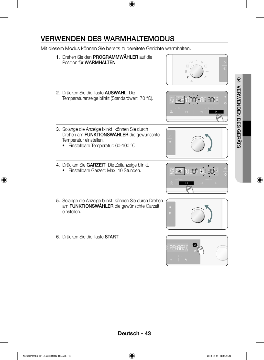 Samsung NQ50C7935ES/EF manual Verwenden DES Warmhaltemodus 