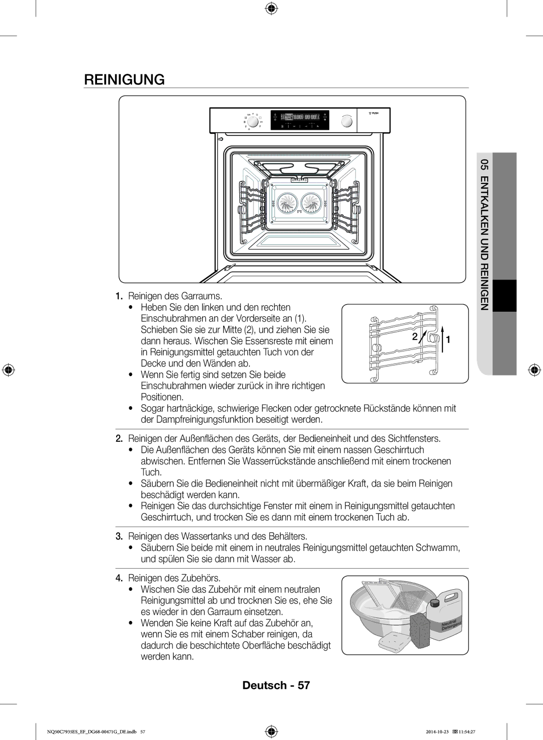 Samsung NQ50C7935ES/EF manual Reinigung, Dann heraus. Wischen Sie Essensreste mit einem 