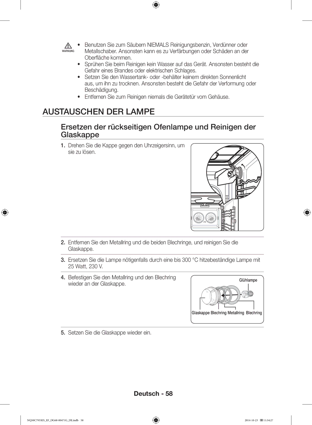 Samsung NQ50C7935ES/EF manual Austauschen DER Lampe, Oberfläche kommen, Wieder an der Glaskappe 