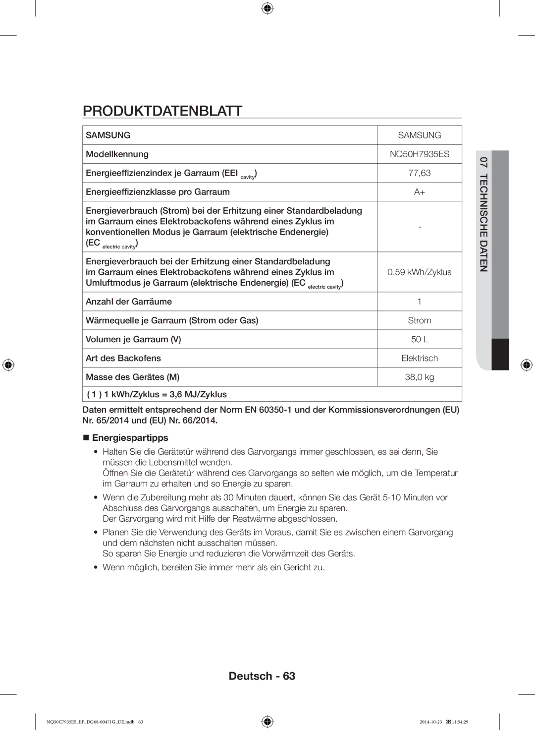 Samsung NQ50C7935ES/EF Produktdatenblatt, Energieverbrauch bei der Erhitzung einer Standardbeladung, Art des Backofens 