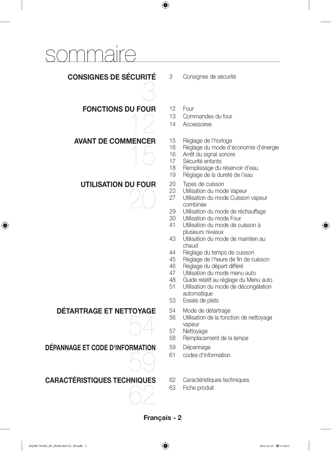 Samsung NQ50C7935ES/EF manual Sommaire, Caractéristiques techniques Fiche produit, Consignes de sécurité 