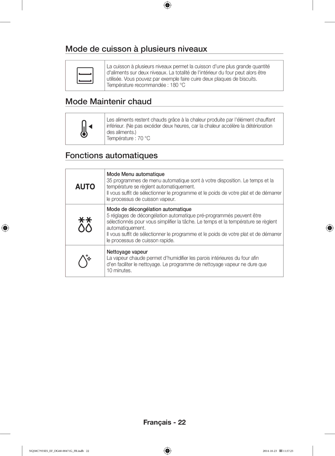 Samsung NQ50C7935ES/EF manual Mode de cuisson à plusieurs niveaux, Mode Maintenir chaud, Fonctions automatiques 