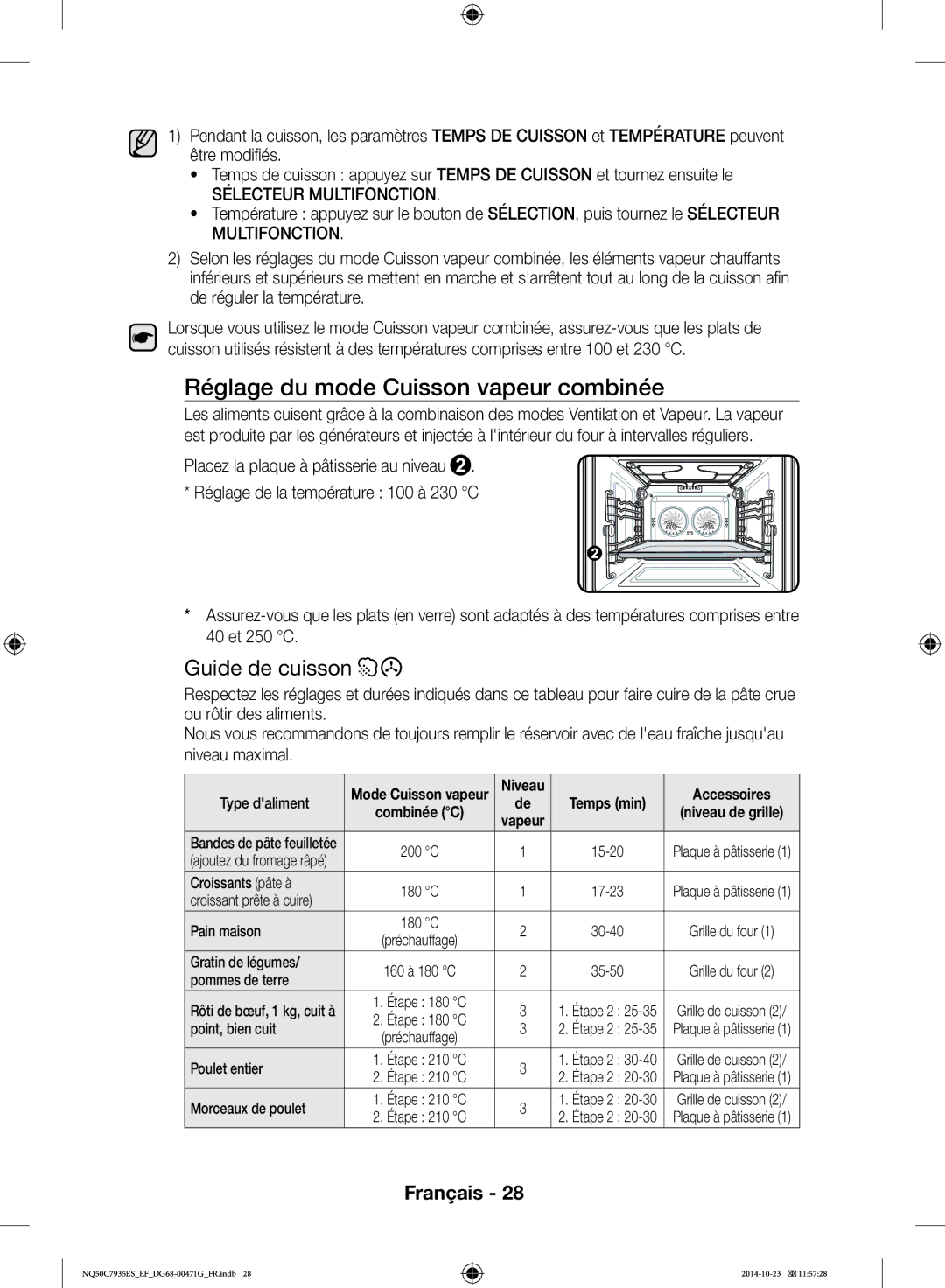 Samsung NQ50C7935ES/EF manual Réglage du mode Cuisson vapeur combinée 