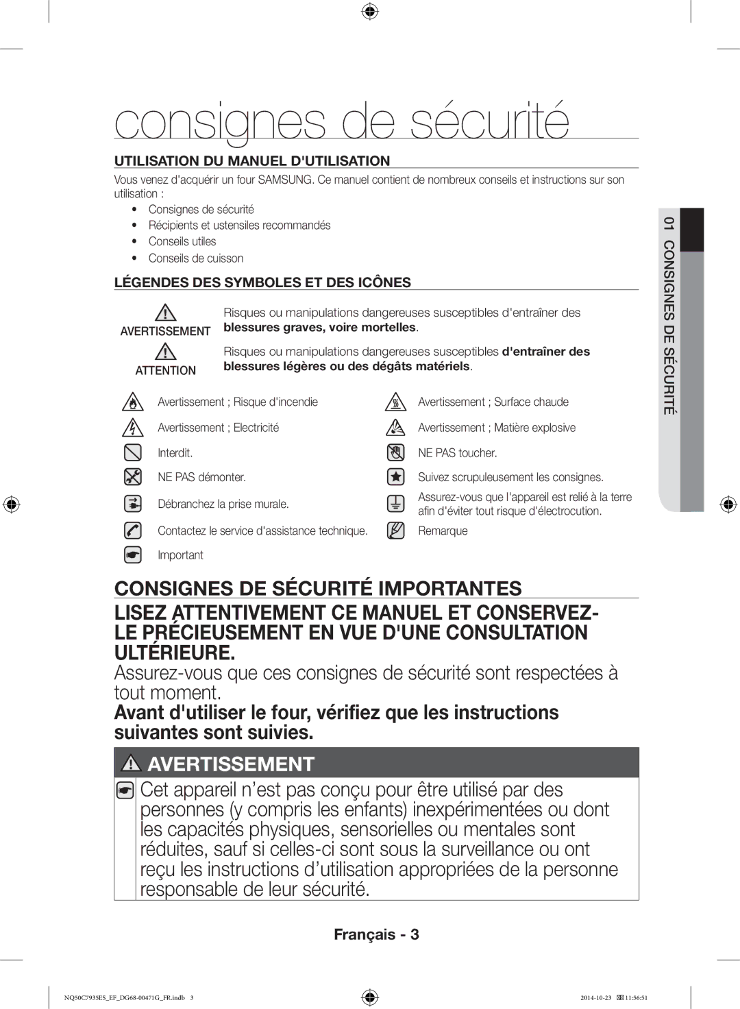 Samsung NQ50C7935ES/EF manual Consignes de sécurité, Débranchez la prise murale, Afin déviter tout risque délectrocution 