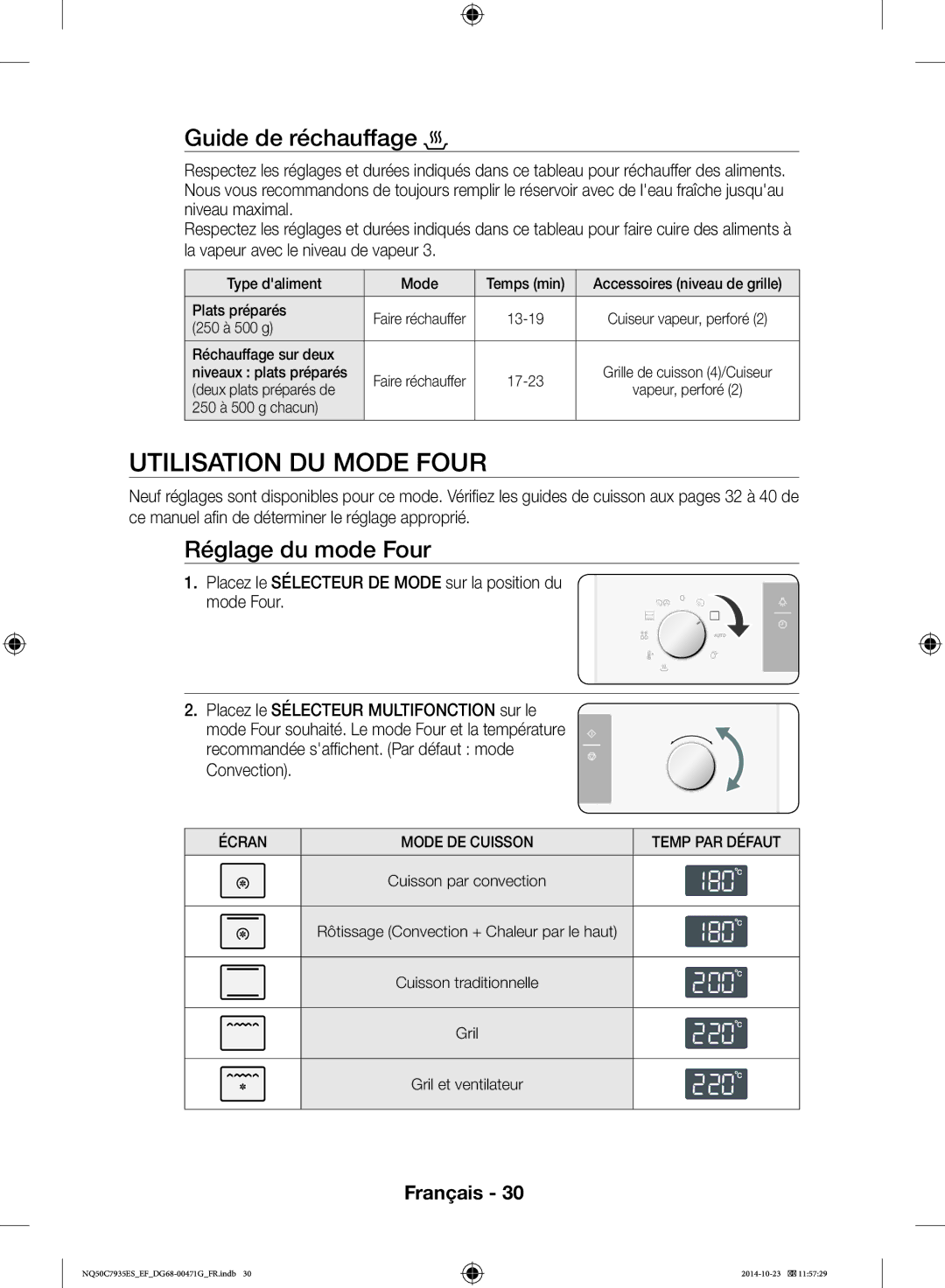 Samsung NQ50C7935ES/EF manual Utilisation DU Mode Four, Guide de réchauffage, Réglage du mode Four 