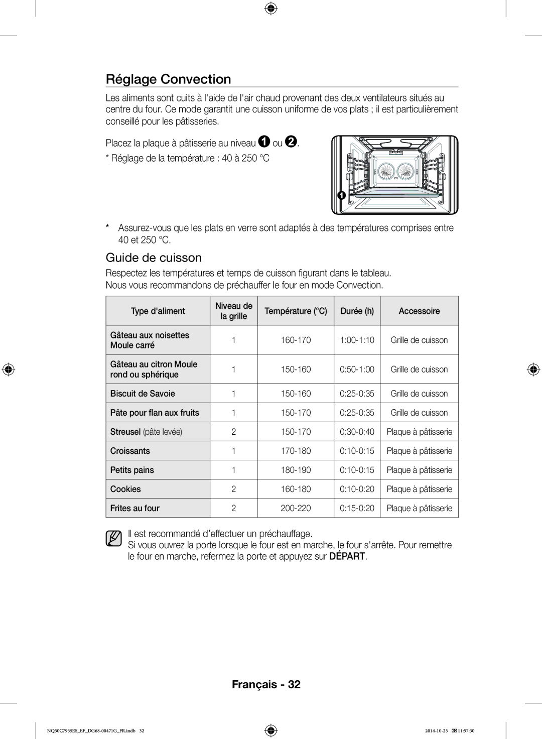 Samsung NQ50C7935ES/EF manual Réglage Convection, Préchauffage 