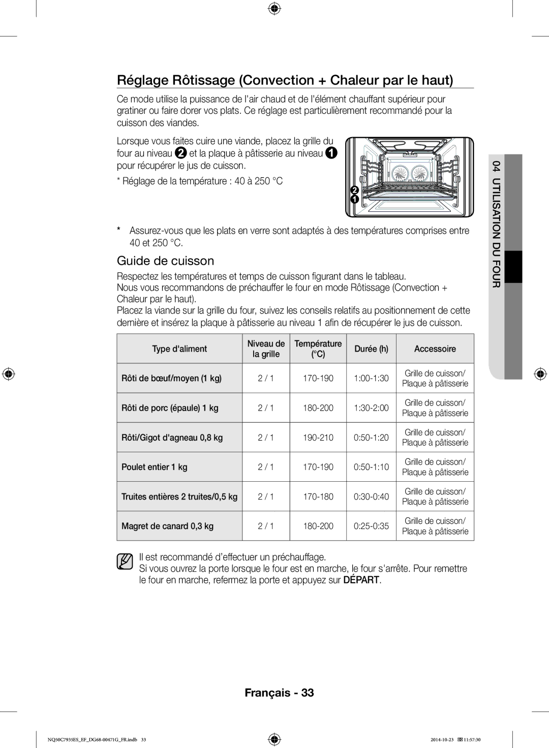 Samsung NQ50C7935ES/EF manual Réglage Rôtissage Convection + Chaleur par le haut, Un préchauffage 