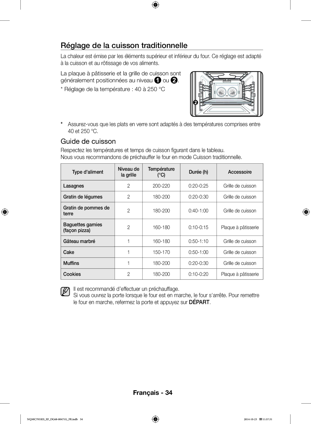 Samsung NQ50C7935ES/EF manual Réglage de la cuisson traditionnelle, Mode Cuisson traditionnelle 