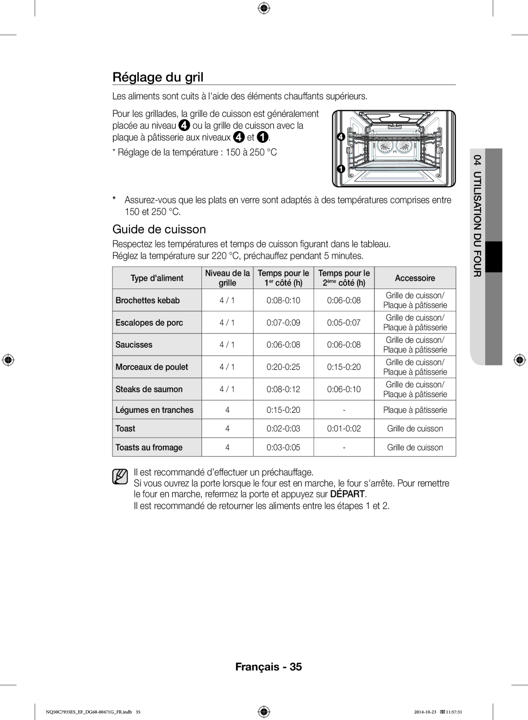 Samsung NQ50C7935ES/EF manual Réglage du gril 