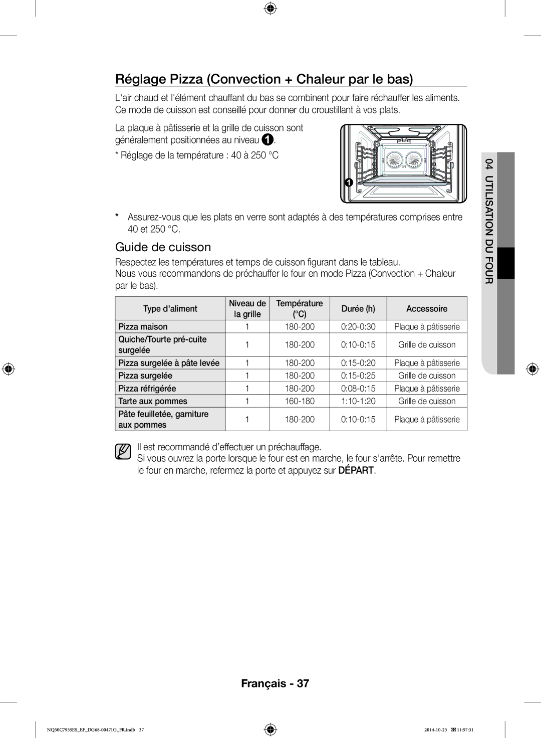 Samsung NQ50C7935ES/EF manual Réglage Pizza Convection + Chaleur par le bas, Par le bas 