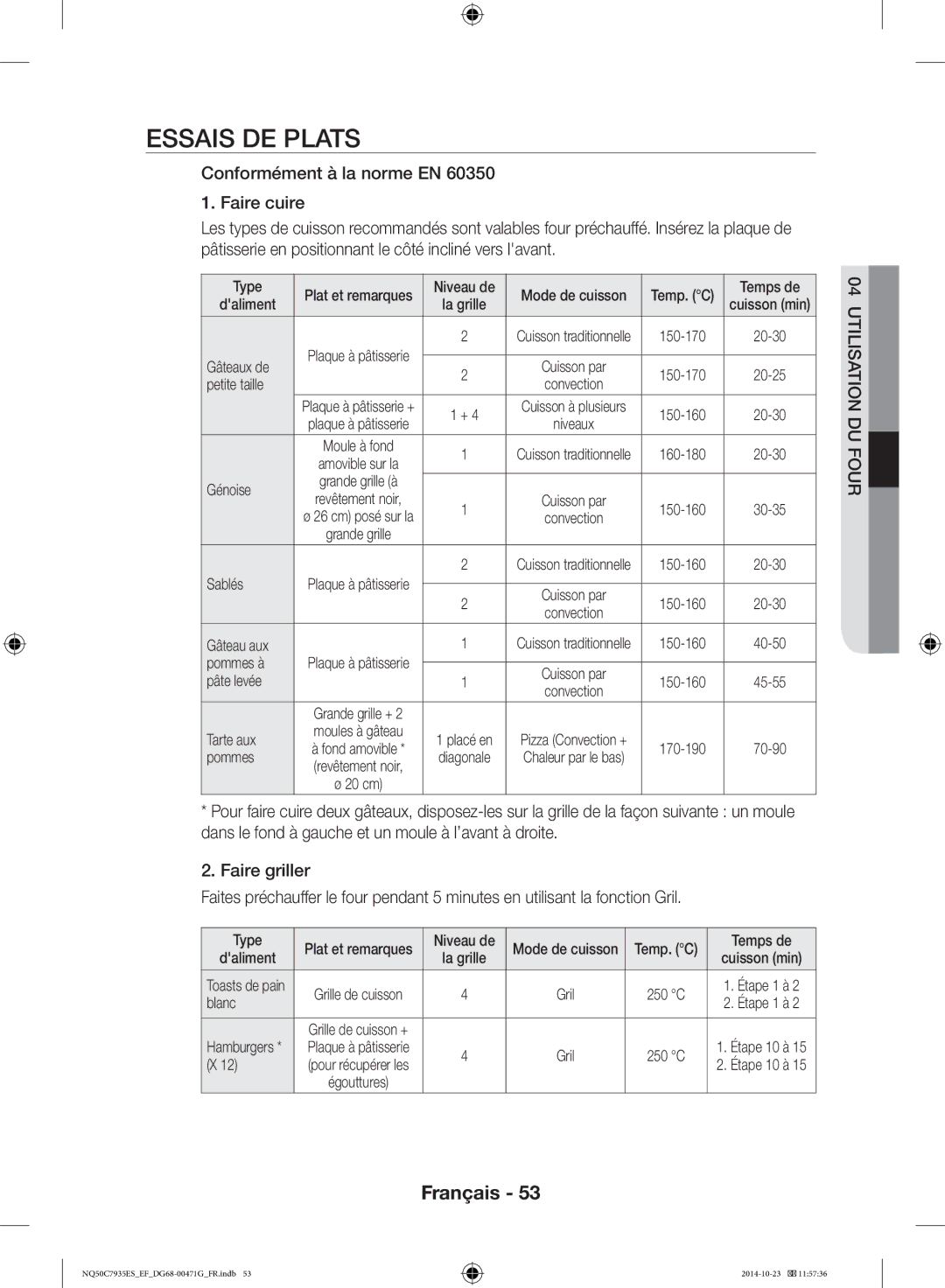 Samsung NQ50C7935ES/EF manual Essais DE Plats 