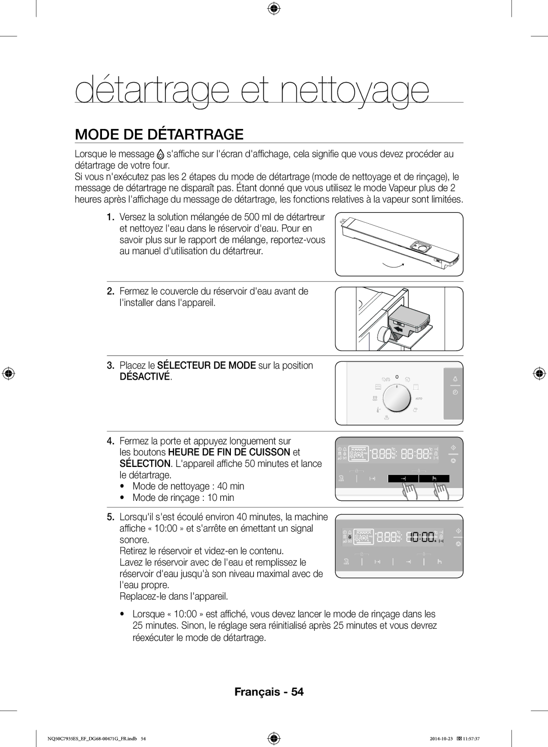 Samsung NQ50C7935ES/EF manual Détartrage et nettoyage, Mode DE Détartrage 