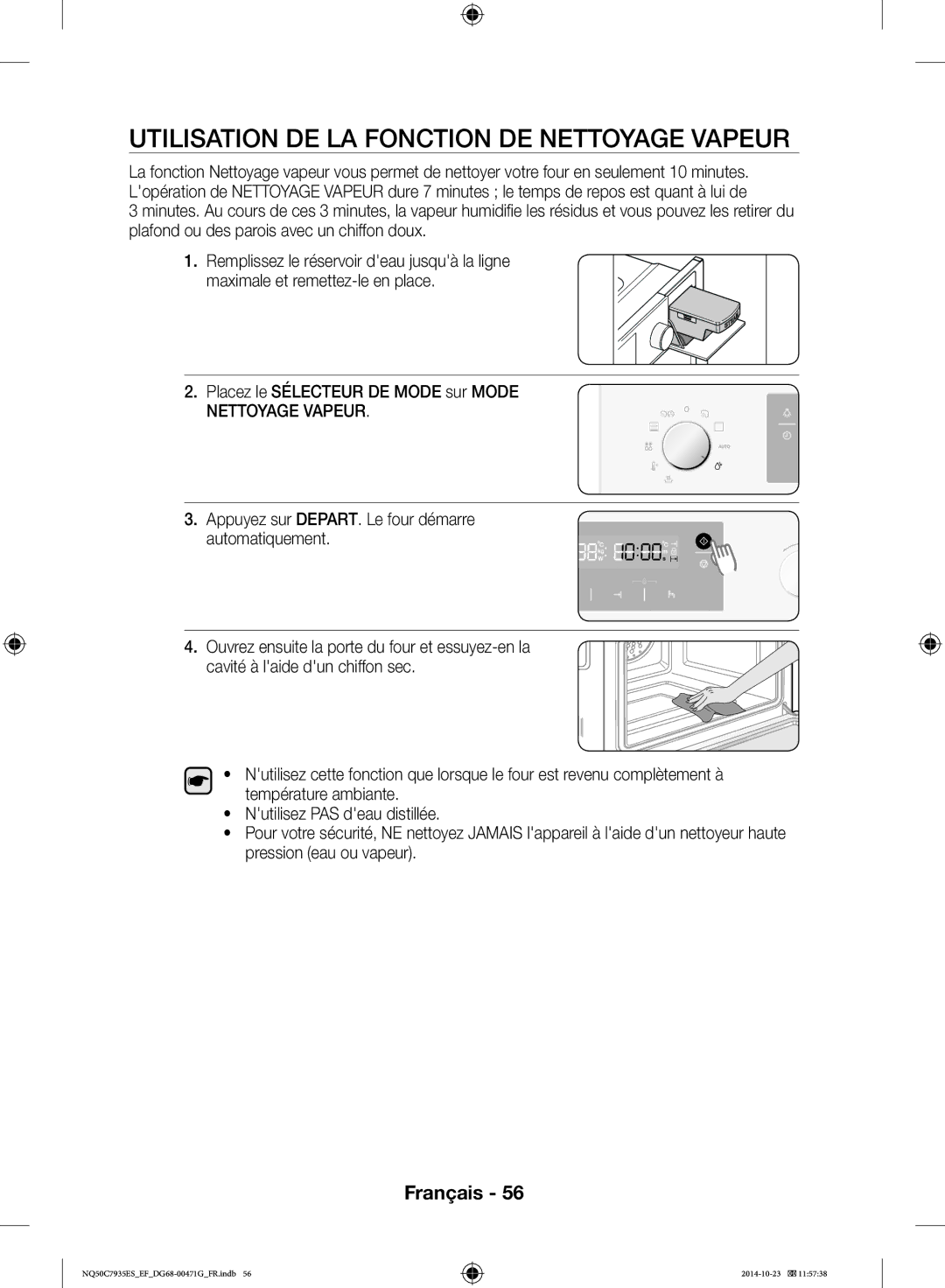 Samsung NQ50C7935ES/EF manual Utilisation DE LA Fonction DE Nettoyage Vapeur 