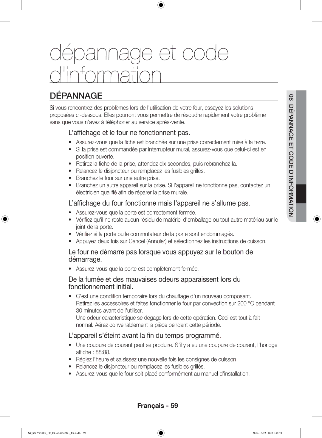 Samsung NQ50C7935ES/EF manual Dépannage, ’affichage et le four ne fonctionnent pas 