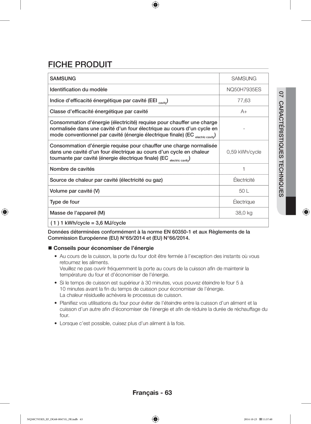 Samsung NQ50C7935ES/EF manual Fiche Produit, Volume par cavité, Type de four 