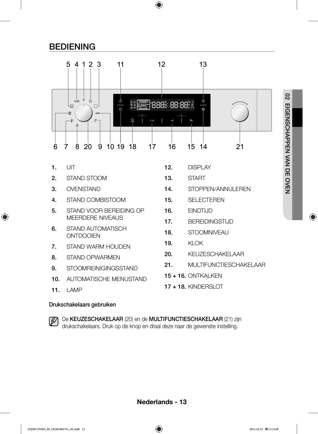 Samsung NQ50C7935ES/EF manual Bediening, Uit, Lamp Drukschakelaars gebruiken, Klok, 15 + 16. Ontkalken 