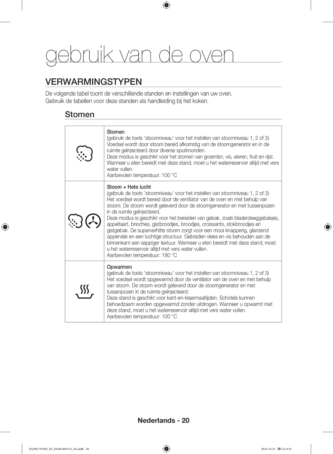 Samsung NQ50C7935ES/EF manual Gebruik van de oven, Verwarmingstypen, Stomen 