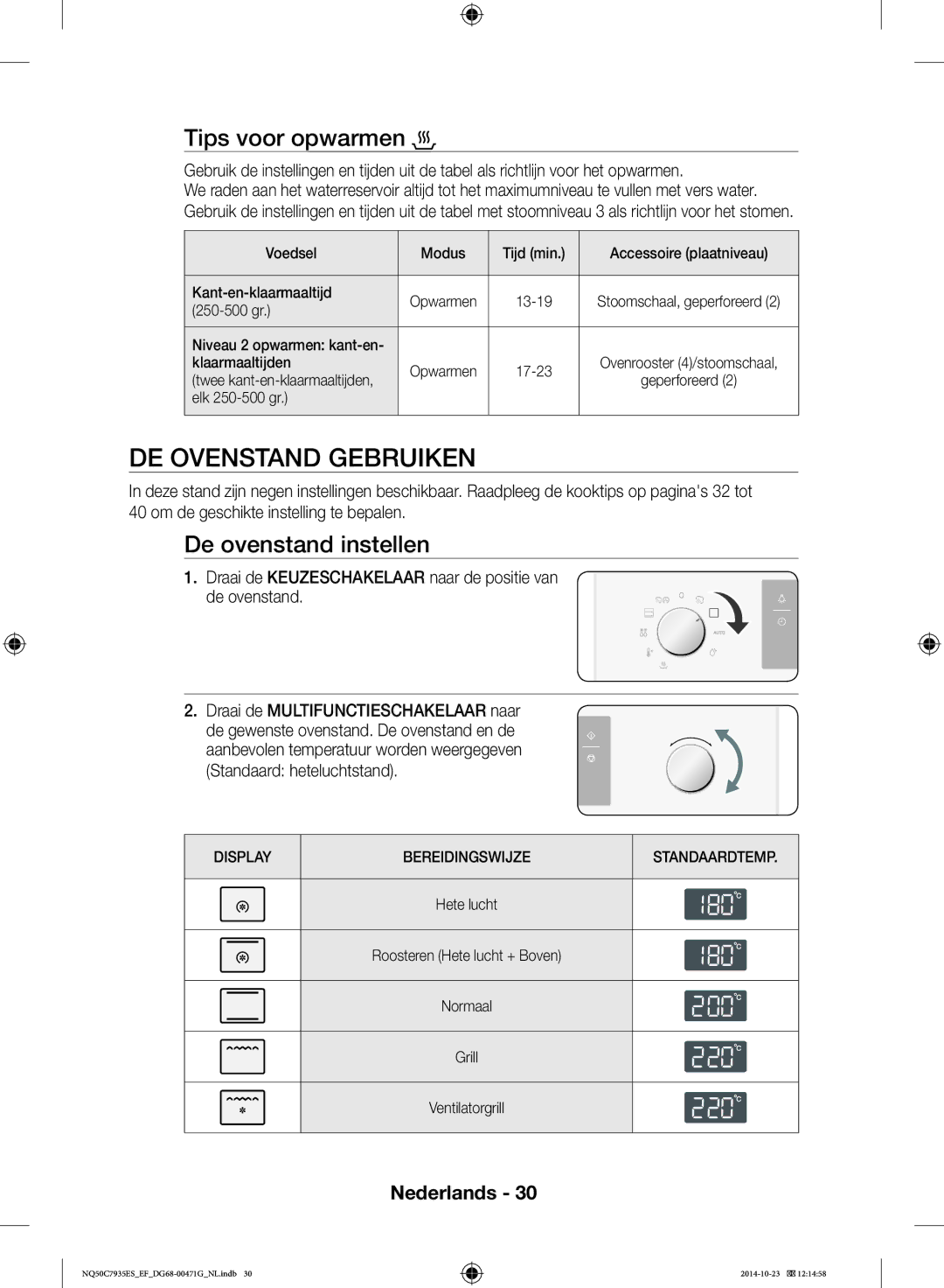 Samsung NQ50C7935ES/EF manual DE Ovenstand Gebruiken, Tips voor opwarmen, De ovenstand instellen 