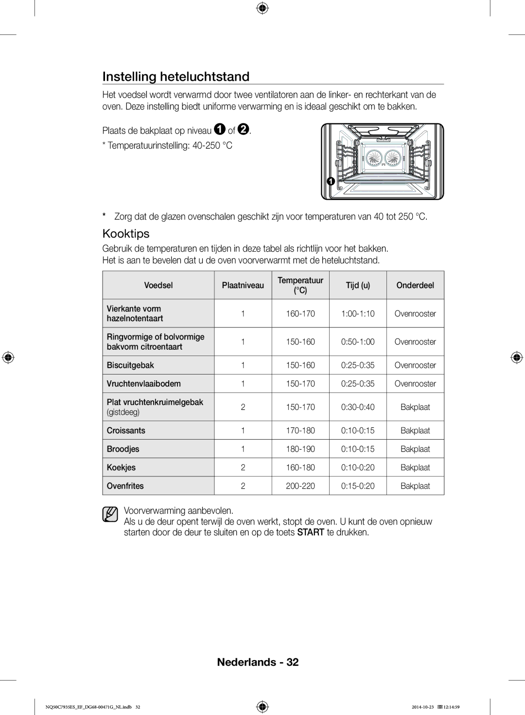 Samsung NQ50C7935ES/EF manual Instelling heteluchtstand, Voorverwarming aanbevolen 