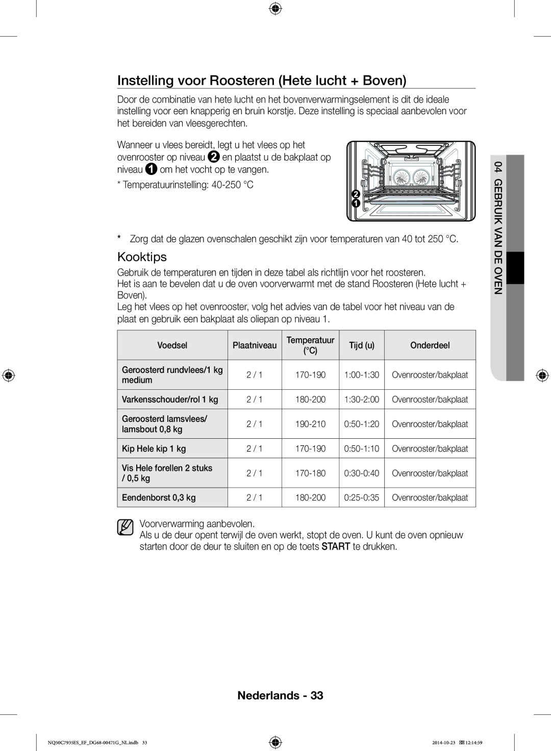 Samsung NQ50C7935ES/EF manual Instelling voor Roosteren Hete lucht + Boven, Temperatuurinstelling 40-250 C 