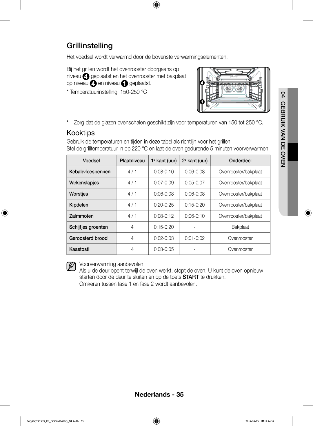 Samsung NQ50C7935ES/EF manual Grillinstelling, Temperatuurinstelling 150-250 C 