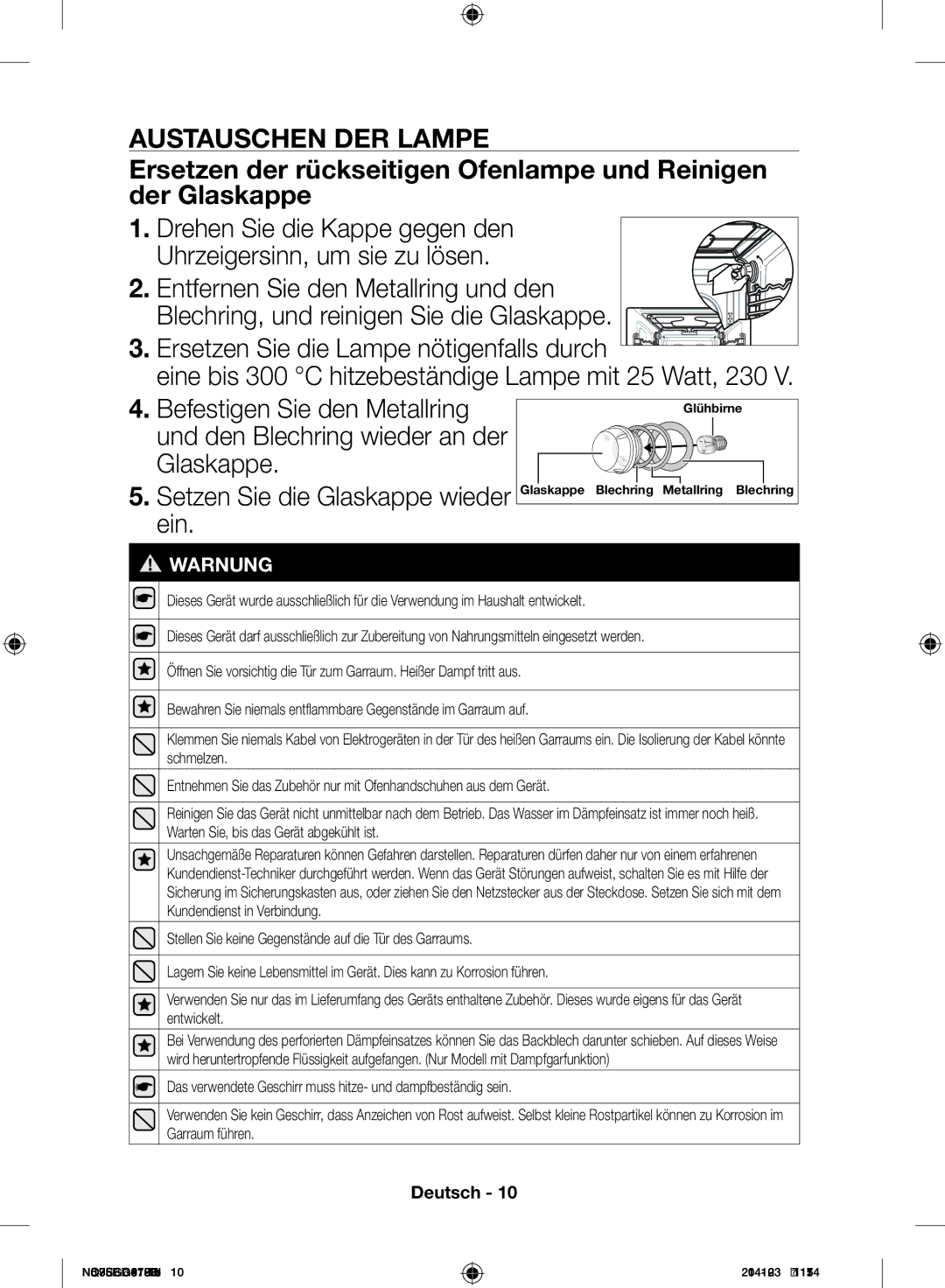 Samsung NQ50C7935ES/EG manual Austauschen DER Lampe 