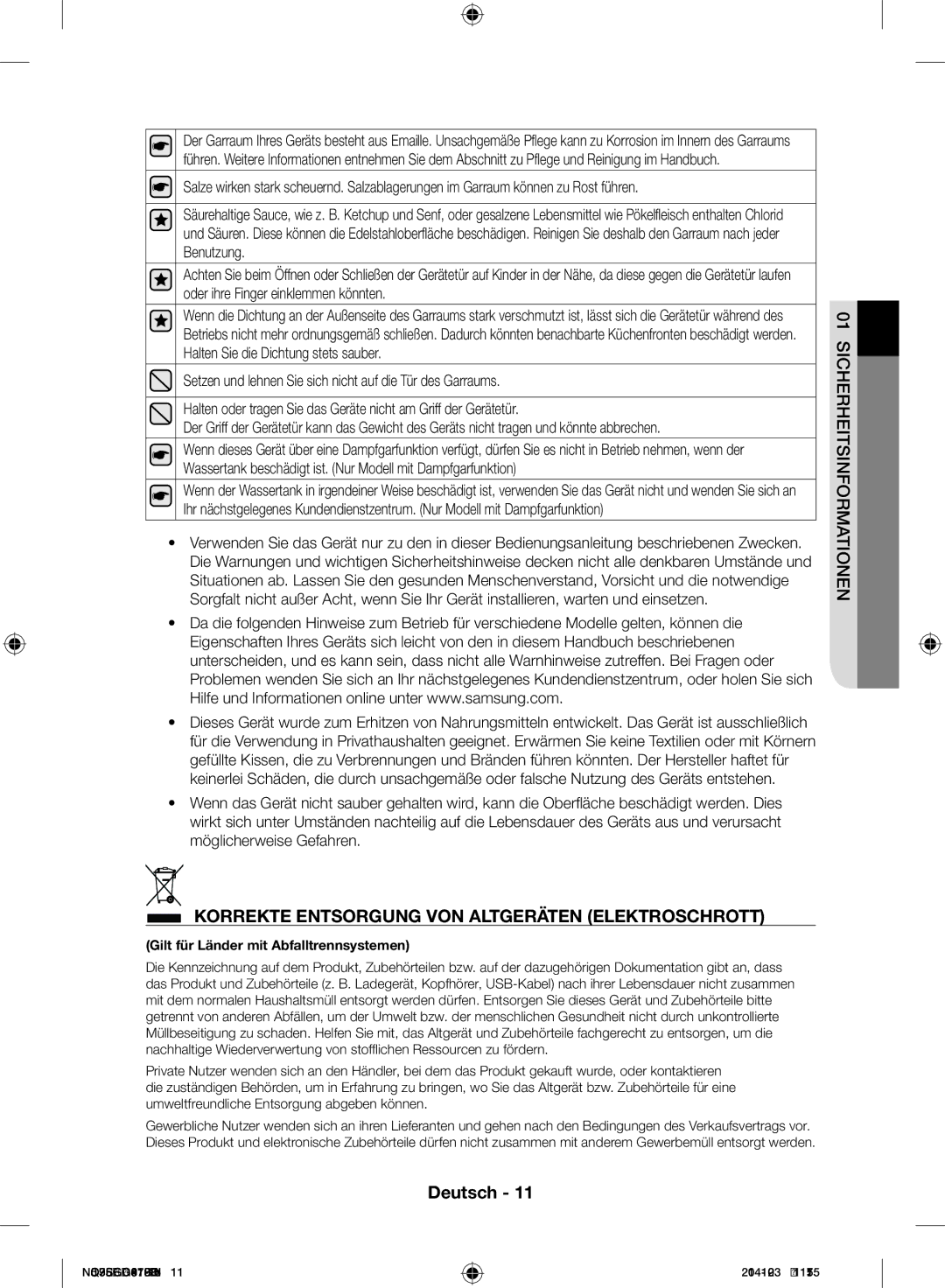 Samsung NQ50C7935ES/EG manual Korrekte Entsorgung VON Altgeräten Elektroschrott 