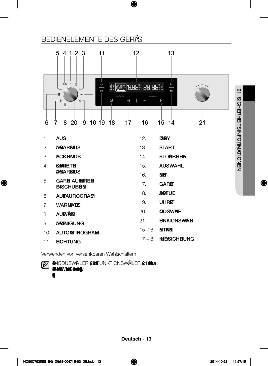 Samsung NQ50C7935ES/EG manual Bedienelemente DES Geräts, Beleuchtung 